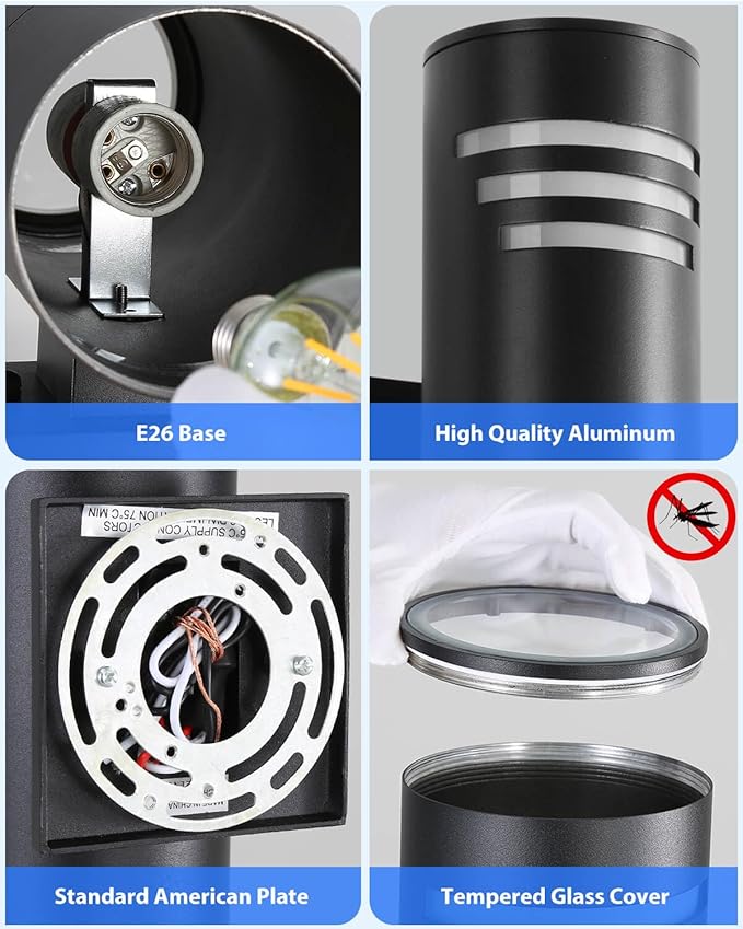 Dusk to Dawn Outdoor Lighting 2 Pack, Modern Outdoor Wall Lights Black Exterior Lighting Fixtures with E26 Base, Cylinder Sconce Waterproof Outdside Lights for House Porch, Bulbs Include