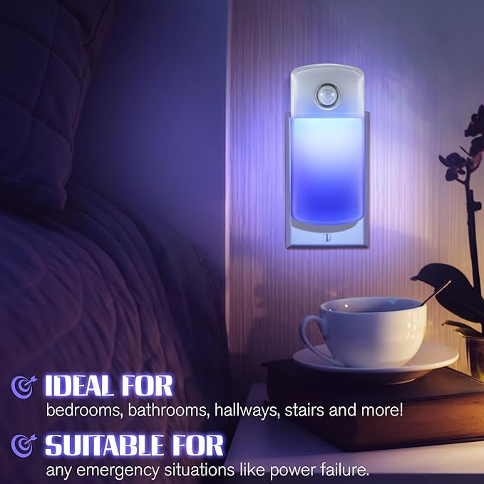 Enhon Emergency Power Failure Night Lights, 5-in-1 Multi Color LED Light, Rechargeable Flashlight with Foldable Plug, Automatic On Off Motion Sensor for Bedrooms, Hallways, Black Outs (4 Pack)
