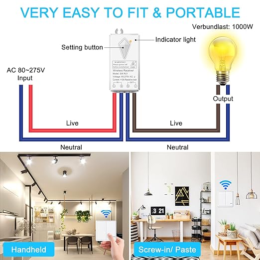 NineLeaf Wireless Lights Switch 2 Gang 1 Way, Smart Light Switch, Wireless Panel LED Light House Lighting IP66 Waterproof No Wiring Required, Easy to Install (Only 1 Two-Gang Switch)