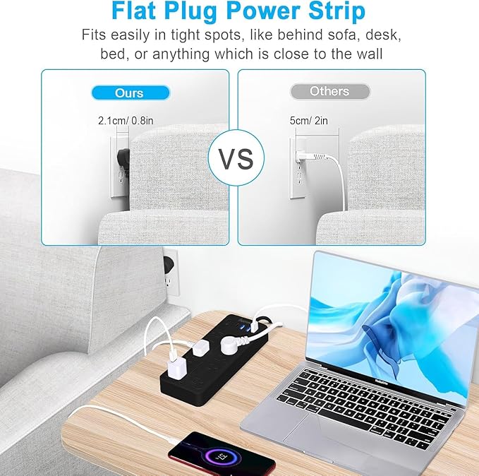 6 FT Power Strips with Surge Protection 1625W/13A, 10 Outlets with 4 USB Ports (1 USB C) Long Extension Cord with Multiple Outlets 14-in-1 Flat Plug Power Strip Protector 1700J 16Awg Black ETL Listed