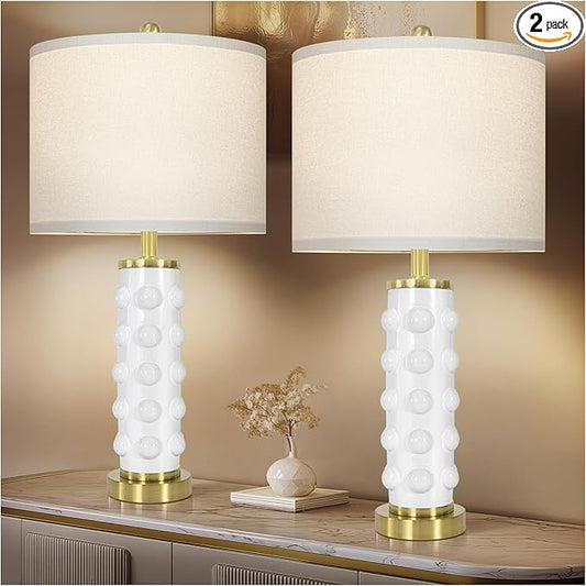 23.5" Modern Ceramic Table Lamp Set of 2 for Living Room, White Desk Lamps for Bedroom Nightstand, Farmhouse Lamps with 3-Way Dimmable Bulb, Linen Shade, Bedroom Living Room (Bulb Included)