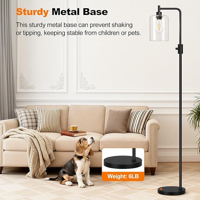 【Upgraded】Dimmable Floor Lamp for Living Room with Glass Shade, Black Modern Industrial Floor Lamp with 900LM LED Bulb Included, Bright Standing Tall Lamp for Bedroom, Office, Reading Room, Corner