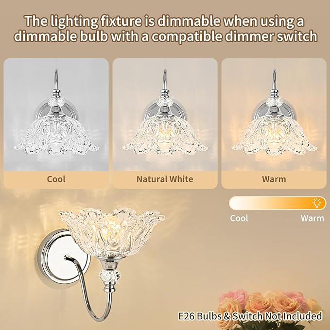 1 Piece Chrome Wall Sconce with Floral Clear Glass Shade, Modern Wall Mount Lighting for Bathroom,Modern Bathroom Vanity Light Fixture