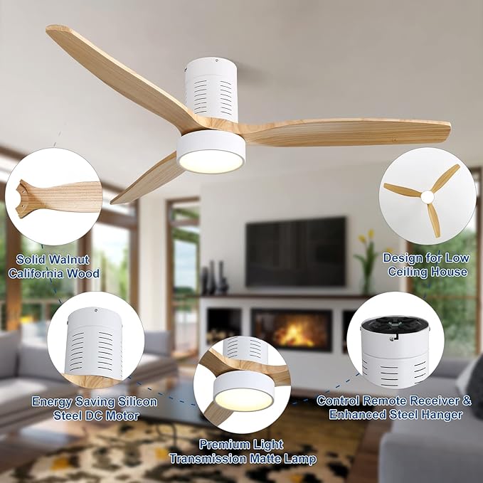 Sofucor Low Profile Ceiling Fan with Lights and Remote Control, 52'' Wood Ceiling Fan with 3 Color Temperature & Adjustable Brightness, Burlywood