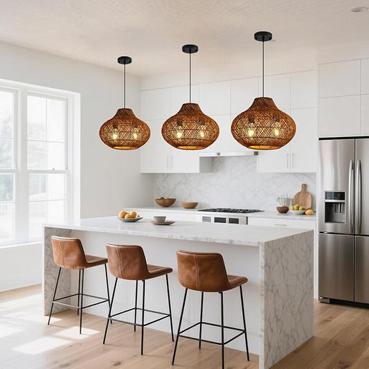 2-Light Dark Brown Rattan Pendant Light,14.96" Round Rustic Hanging Light,Curry Wicker Pendant Light Hand-Woven Rattan Chandelier for Workplace Dining Living Bedroom Kitchen Farmhouse