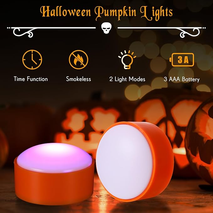 Riakrum 6 Pieces Remote Timer LED Lights with Remote LED Pumpkin Lights Battery Operated Lantern Bright Flameless Candle(Orang, Purple Light)