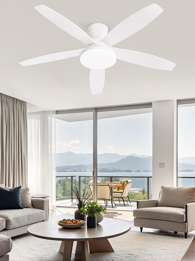 ZMISHIBO 48 inch Ceiling Fans with Lights and Remote/APP Control,White Low Profile Ceiling Fan with Light,Quiet DC Motor,LED Dimmable, Modern Flush Mount Ceiling Fan for Bedroom Indoor/Outdoor Patio