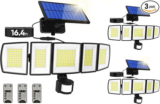 Solar Motion Lights Outdoor - With 16.4ft Cable, 3000LM Ultra-Bright LED Security Lights for Outside Dusk to Dawn, 2400mAh IP65 Waterproof Flood Lights with Remote for Court Yard Garage Front Door