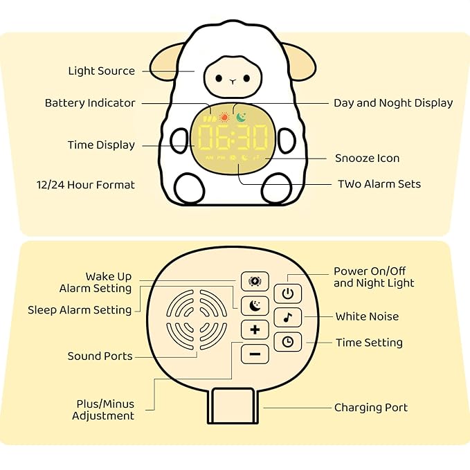 Sheep Alarm Clock with Night Light for Kids with Sleep Training and Sound Machine, Rechargeable Silicone Lamp OK to Wake Clock，Cute Animal Tabletop Lamp, Perfect Sleep Companion for Boys Girls