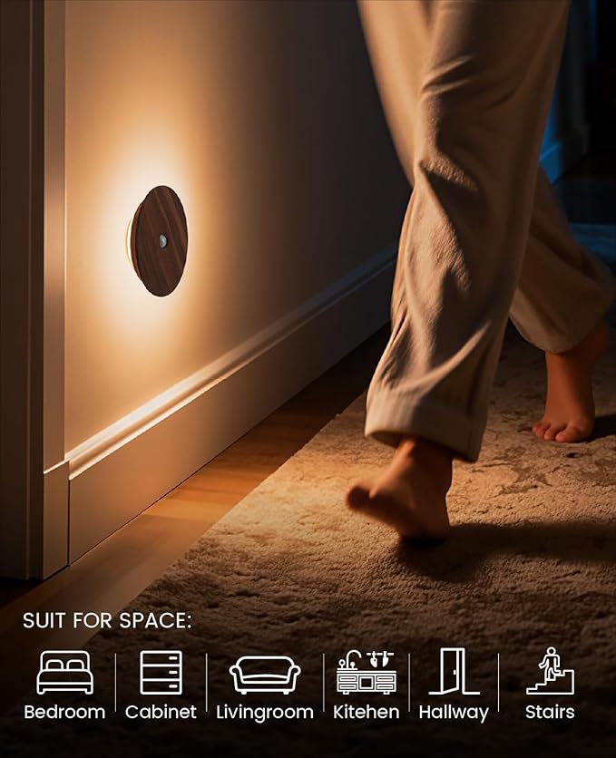 Motion Sensor Night Light Wood Rechargeable Battery Powered Stick-On Step Lights Magnetic Closet Warm Nightlight for Hallway Bedroom Stair, Black Walnut