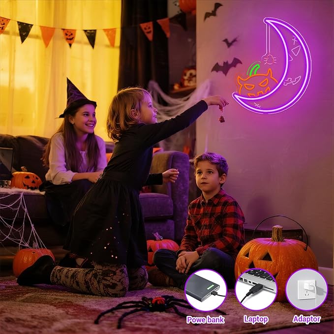 Halloween Pumpkin Moon Window Lights Decorations Indoor, Pumpkin&Moon Themed Neon Sign Decor LED Neon Lights for Wall Decor, Decorating Windows, Doors, Party (Purple)