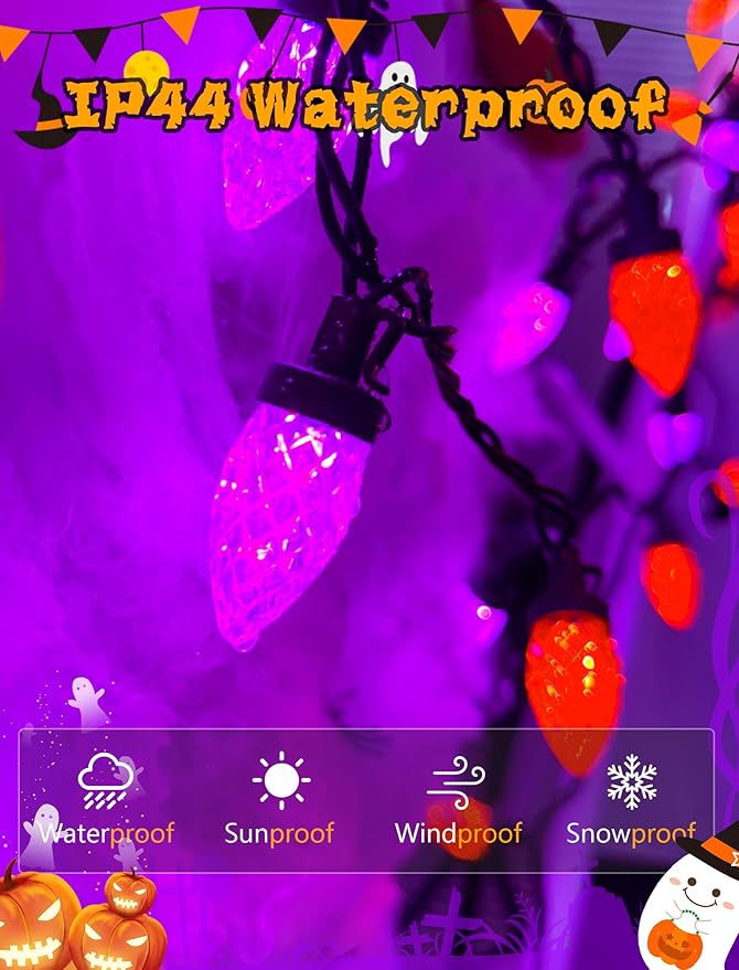 26FT Halloween String Lights Outdoor, 50 C7 LED Orange and Purple String Lights Waterproof, Plug-in Halloween Patio Decorative Lights for Indoor Roofline Backary Porch House Holiday Party Decor