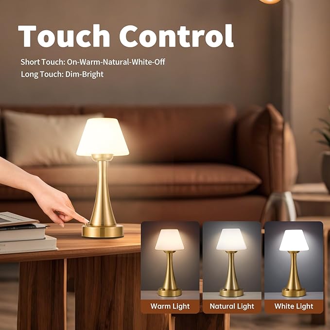 Waterproof Rechargeable Table Lamp for Shower & Outdoor, Cordless Touch Dimmable Nightstand Lamp with 3 Light Colors, Portable LED Light for Bedroom, Patio, Camping & Bar (Copper)