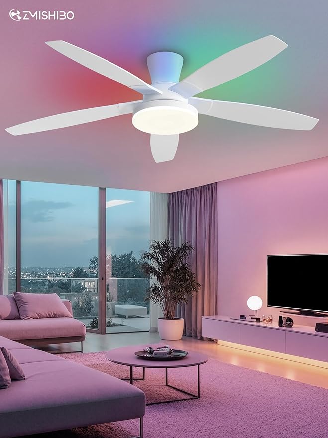ZMISHIBO 52 inch RGB Ceiling Fans with Lights and Remote/APP Control,White Low Profile Ceiling Fan with Quiet DC Motor,LED Dimmable, Modern Flush Mount Ceiling Fan for Bedroom Indoor,Party, Patio