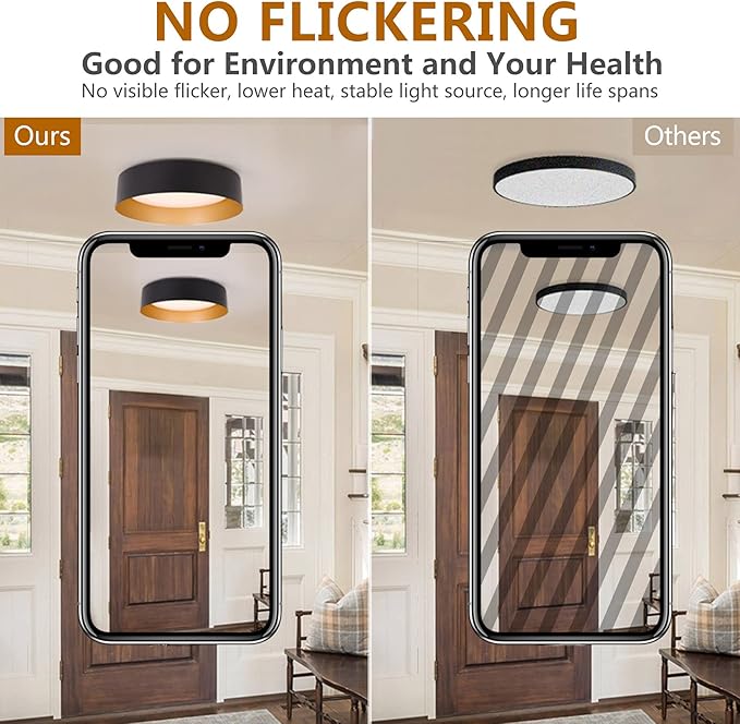 Bargeni Flush Mount Ceiling Lights,12.5 inch Ceiling Light Fixture,3000K/18W, Matte Black with Champagne Gold Inside Finish,Flush Mount Light Fixture for Balcony,Outdoor,Kitchen,ETL Listed-2 Pack