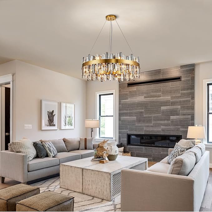 Siljoy 16 Lights Modern Crystal Chandelier Luxury Gold Round 2-Tiers Raindrop Crystal Chandelier Flush Mount Pendant Ceiling Light Fixture for Dining Room Living Room Entryway Foyer D31.5'' x H9.8''