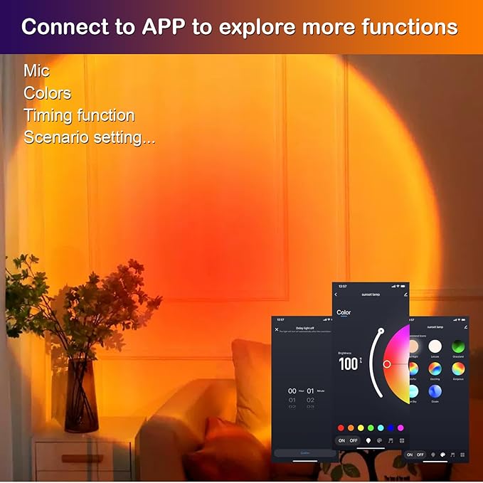 Sunset LED Lamp Projector, 21 Colors Changing App & Remote Control Mood Lighting, Music Sync Ambiance Lighting, Sunset Lamp for Bedroom, Living Room, Aesthetic Room Decor, Birthday Gifts for Women