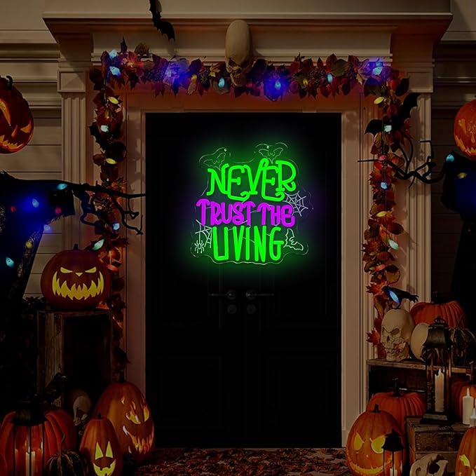 Ajoyferris Never Trust The Living Neon Sign Halloween Neon Signs for Wall Decor Dimmable Tombstone Led Sign Gothic Haunted House Neon Lights for Windows Halloween Party Decor