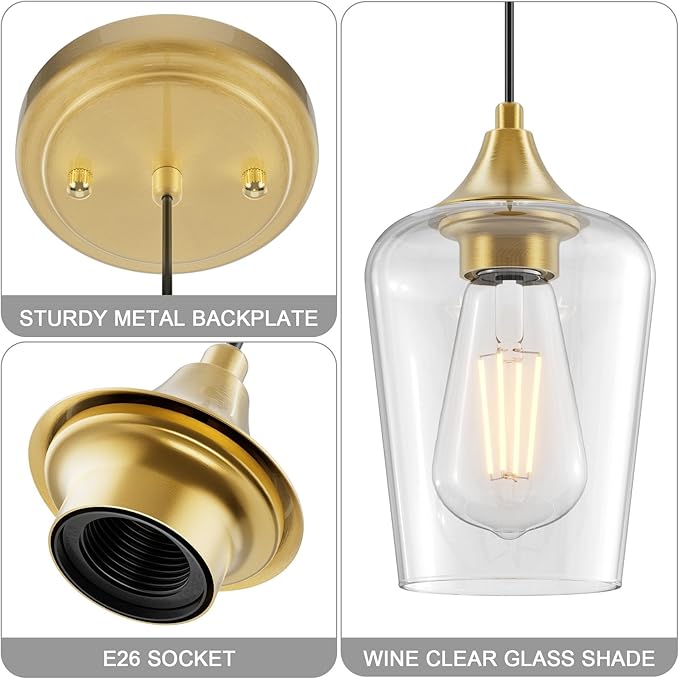 Ralbay Farmhouse Brushed Gold Pendant Light 3-Pack, Pendant Light Fixtures with Wine Clear Glass Shade, Kitchen Island Lighting for Dining Room, Rustic Adjustable Hanging Lighting Fixture