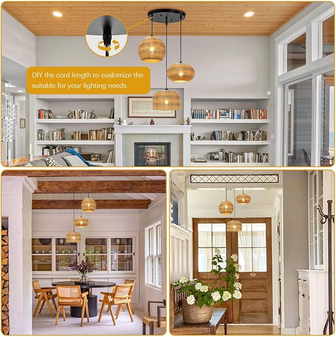 3-Light Chandelier Vintage Rattan Pendant Light Fixtures Hand Woven Boho Rattan Light Fixtures Ceiling Hanging, Farmhouse Chandelier for Dining Room Kitchen Island Bedroom