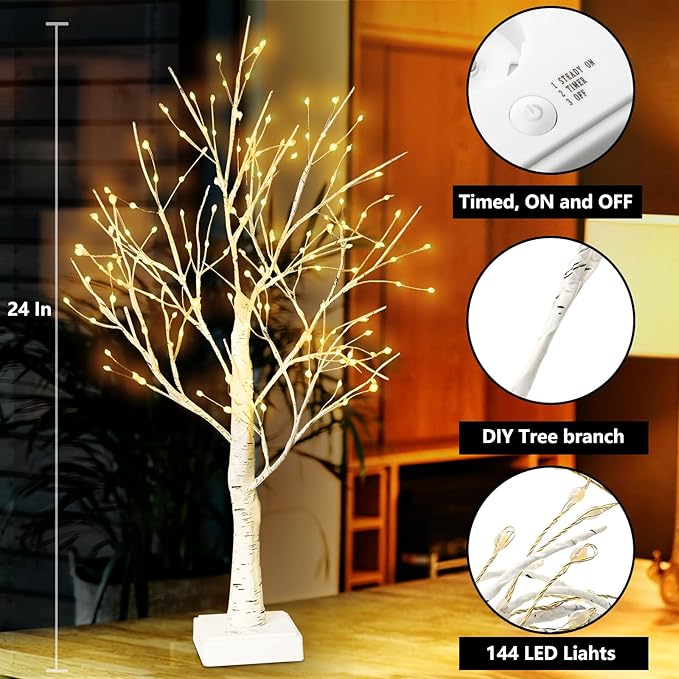 144 LED Birch Tree Lights,Tabletop Bonsai Fairy Light Spirit Tree,DIY Artificial Tree Lamp with Timer USB/Battery Powered for Bedroom Christmas Home, Wedding, Holiday Decor (Warm White)