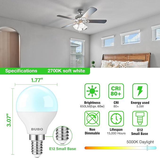 BUBO Ceiling Fan Light Bulbs 60 Watt Equivalent, E12 LED Bulb Daylight White 5000K, 5.5W Small Base LED Light Bulbs, A15 Candelabra Base Bulb, 120V, 650LM, Non-Dimmable, 20 Pack
