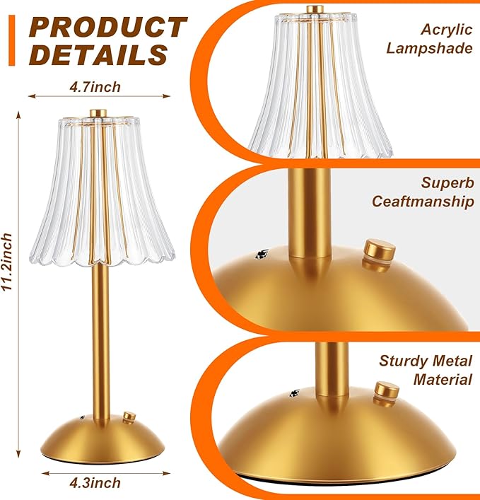 Liliful 2 Pcs LED Portable Cordless Table Lamp Touch Battery Operated Rechargeable Gold Desk Lamp 3 Color Dimmable for Bedroom Living Room Dining (Gold,Rose Style)
