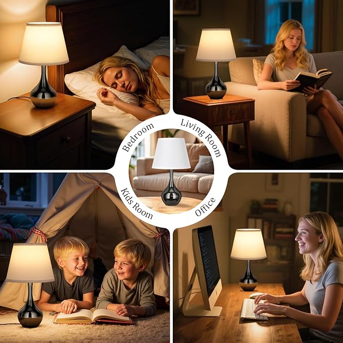 Seealle Touch Table Lamp for Bedroom, 3-Way Dimmable Small Bedside Lamps for Night Stands with Wires, Pearl-Black Desk Lamp for Kids Room, Office, Living Room, End Table(LED Bulb Included)