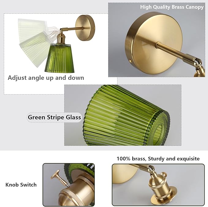 HuisMier Vintage Wall Sconces with Green Stripe Glass Lampshade, Glass Wall Lamp with Switch, Modern 180 Degree Adjustable Brass Wall Sconces for Bathroom Bedroom Living Room Hallway, Hardwired