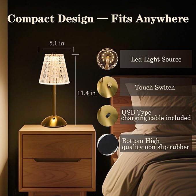 2 Pack Crystal Table Lamp, 5000mAh Rechargeable Battery Lamp with Touch Control, 3 Color Temperatures, Dimmable Brightness, Matte Aluminum Light for Bedroom/Bar/Kitchen/Outdoor, Home Décor