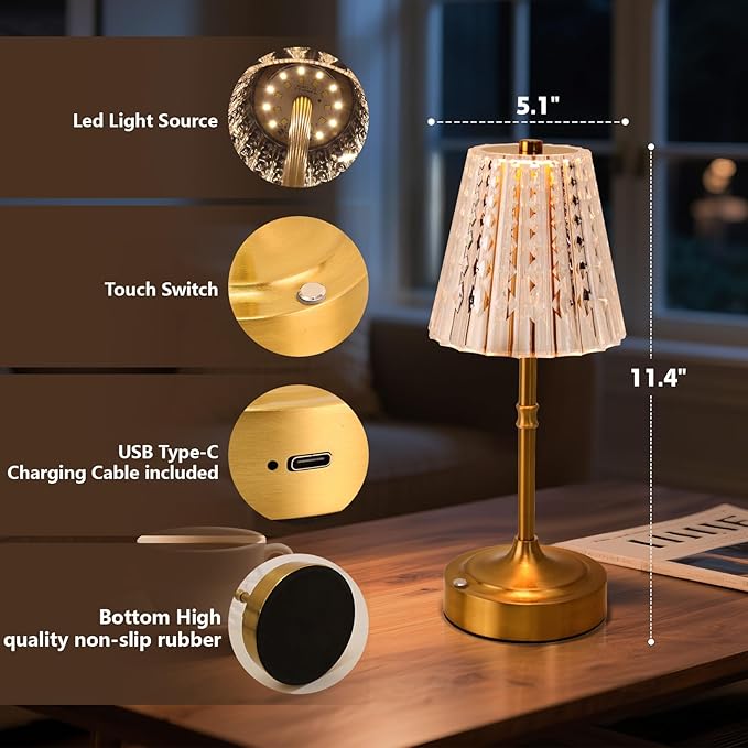 Touch Cordless Table Lamp Rechargeable, 3600mAh Battery Operated Small Crystal Lamp, 3 Color Dimmable Vintage Gold Table Light for Bedroom/Kitchen/Gift for Home Décor ((Luxury Style)