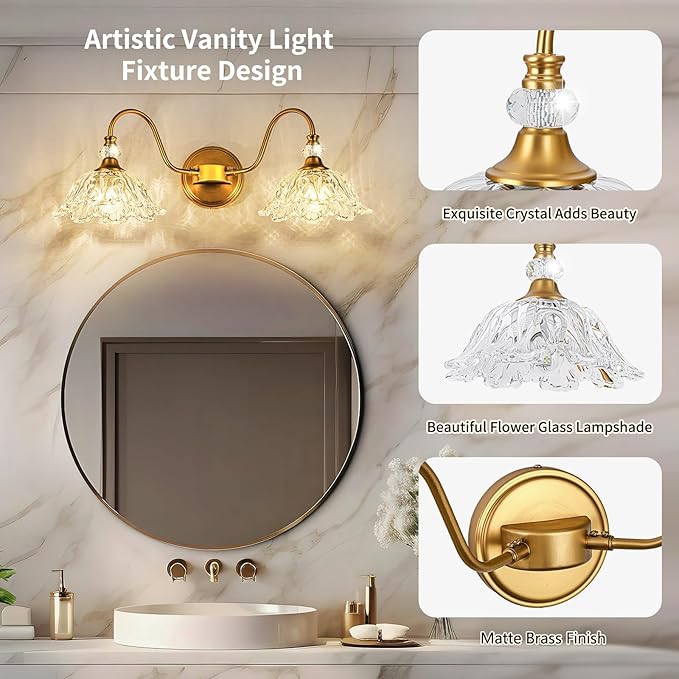 Vintage Bathroom Vanity Light, 2-Light Matte Brass Finish Vanity Light with Floral Clear Glass Shades, Retro Wall Sconce for Bathroom, Dressing Table