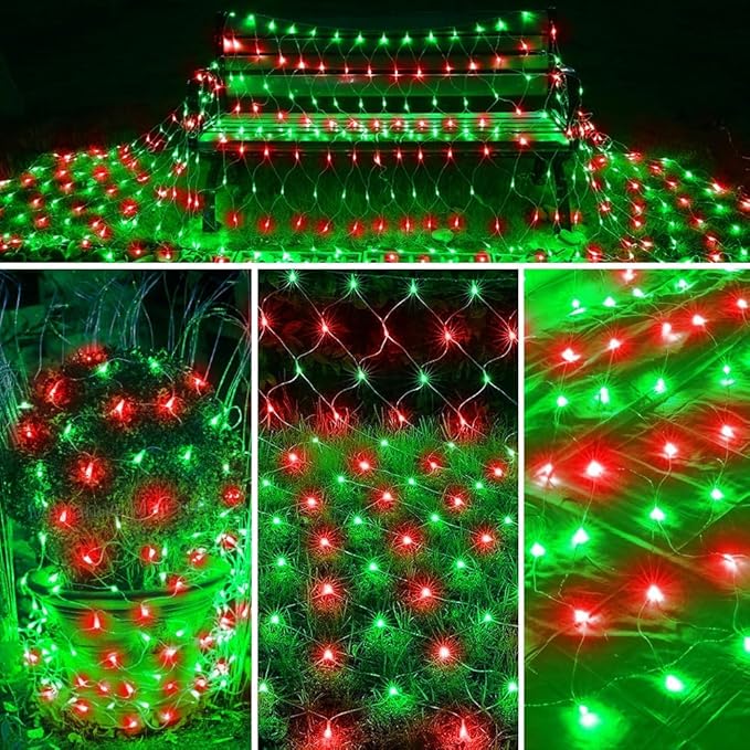 198 LED 9.8 FT*6.6 FT Net Lights Plug in, 8 Lighting Modes Mesh Light Connectable, Waterproof Christmas Net Lights Outdoor for Bushes, Wedding, Holiday, Garden, Xmas Tree Decorations(Red and Green)