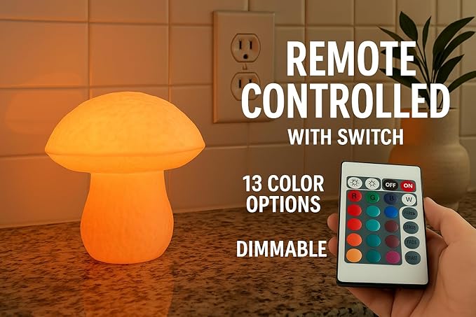 Mushroom Lamp - Small Bedside Night Light with Remote - 13 Color Options, Dimmable & USB Powered - Cozy Ambient Lighting for Bedroom, Kids Room, Dorm - Aesthetic Small Table Lamp Gift