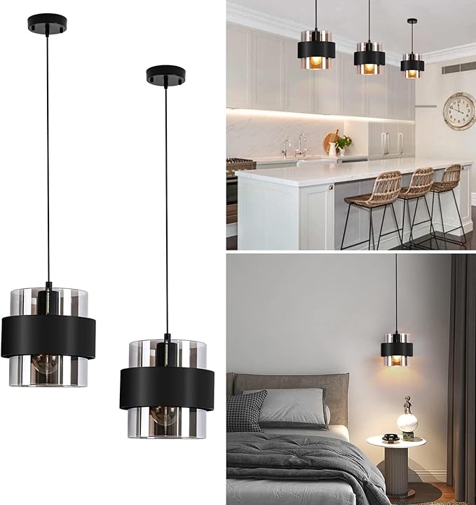 Pendant Lights Kitchen Island Lighting,7 Inch Adjustable Mini Glass Haning Lights for Entrance Aisle Decorative Lighting Fixture for Dining and Bar Table (2 Pack Matte Black)