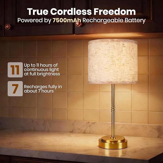 AWOKE Cordless Table Lamps Set of 2, 7500mAh Rechargeable Battery Operated Lamps with Fabric Shade, Stepless Dimming, Height Adjustable Nightstand Lights for Bedroom & Dining Table, Brass-Toned Base