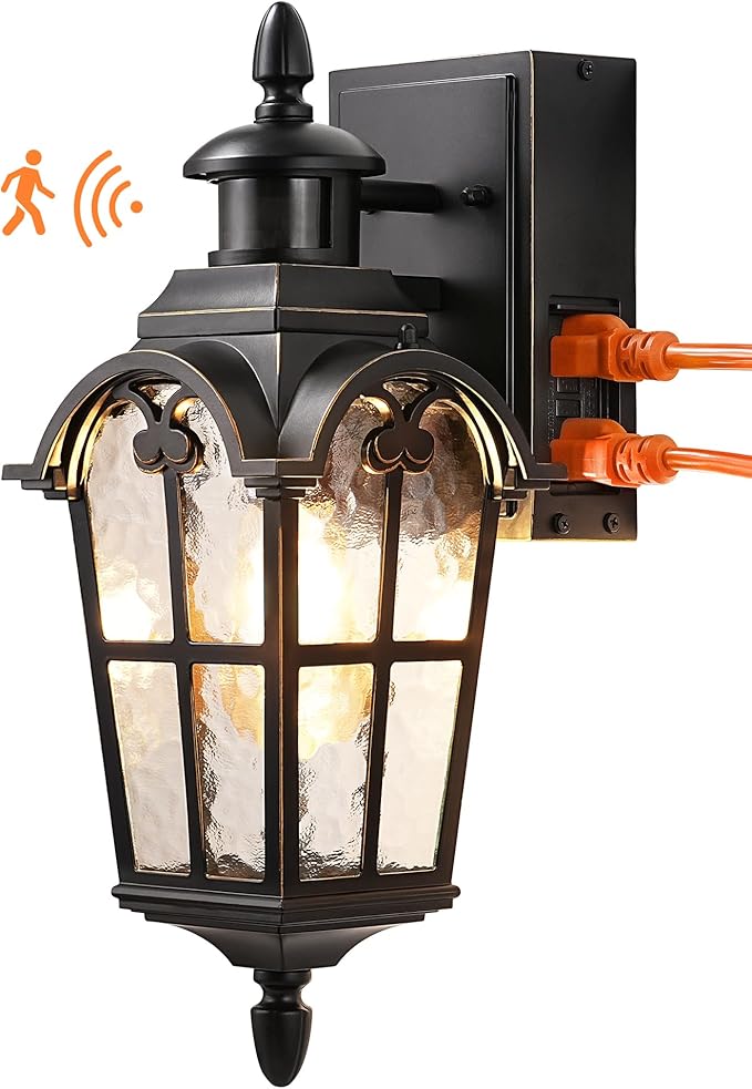 EDISHINE Motion Sensor Outdoor Lights, Porch Light with GFCI Outlet, Exterior Lighting Fixtures Dusk to Dawn Outside Wall Sconce with Water Ripple Glass, Wall Mount Lantern Lamp for House Garage