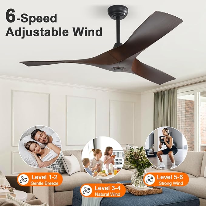 CACI Mall Ceiling Fan No Light, 52 inch Low Profile Flush Mount Modern Ceiling Fan with Remote Control and Reversible DC Motor, for Bedroom Living Room Patio Indoor Outdoor, Brown