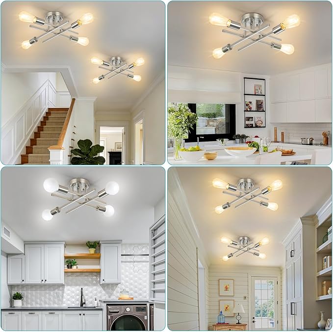 SunRider Industrial 4-Light Semi Flush Mount Ceiling Light Fixture, Brushed Nickel Indoor Farmhouse Lamp, Rustic Sputnik Chandelier for Kitchen, Large