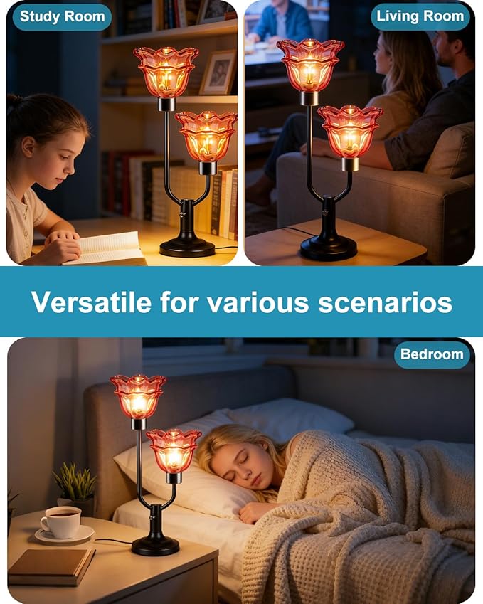 Lightdot Mid Century Modern Flower Table Lamp Black Dimmable U-Shaped Deep Red Glass Desk Lamps with 2Pcs 3000K Warmwhite Bulbs Included Bedside Nightstand Lamp for Living Room Bedroom