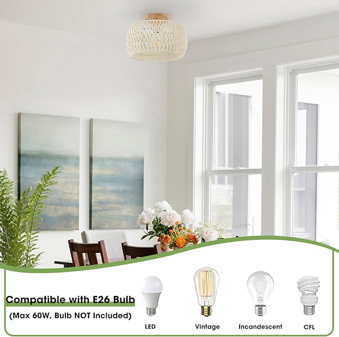 Boho Light Fixtures Ceiling ,Cream White Rattan Chandelier Ceiling Light,Small Rattan Flush Mount Ceiling Light Hand-Woven Chandelier for Nursery Light Fixture Kitchen Farmhouse Bedroom Chandeliers