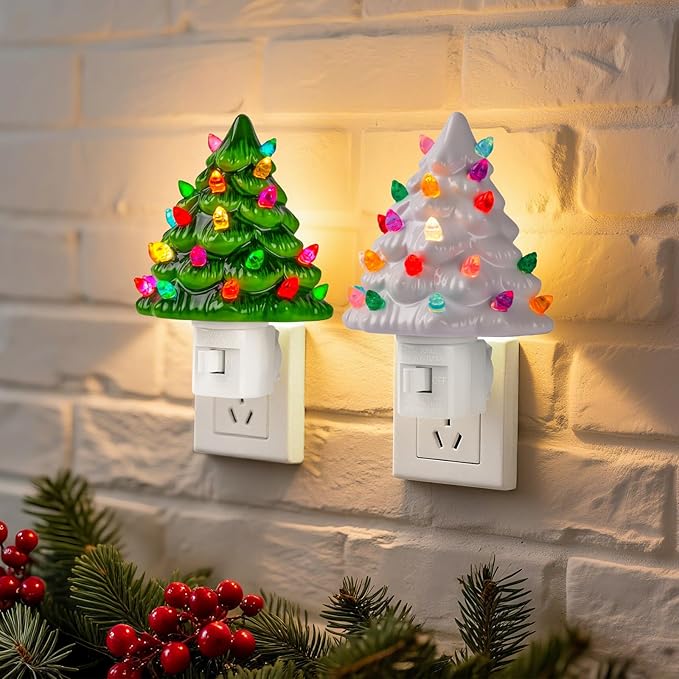 Brightown Ceramic Christmas Tree Night Light - 2 Pack Vintage Christmas Night Light with ON/Off Switch, 5.2" Decorative Ceramic Tree Light for Bedroom Bathroom Living Room Porch Xmas Holiday Decor