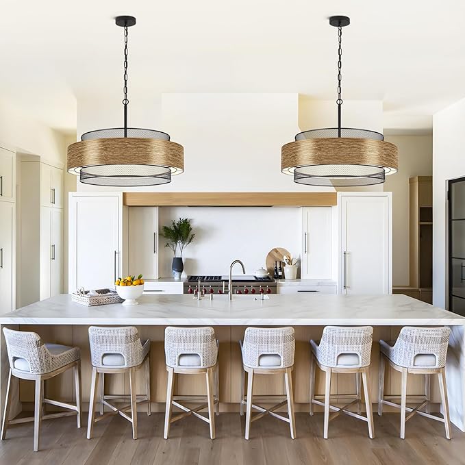 23.6 inch Farmhouse Chandeliers for Dining Room, 6-Light Rustic Large Black Drum Chandelier Metal Imitation Wood Round Hanging Lighting for Entryway Kitchen Island Foyer Bedroom Living Room