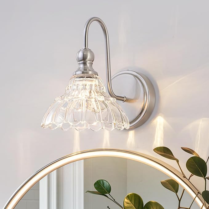 Vintage Bathroom Light Fixtures Over Mirror, 1-Light Brushed Nickel Wall Sconce Lighting with Flower Glass Shade, Farmhouse Vanity Lights for Bedroom Kitchen Living Room Hallway Light