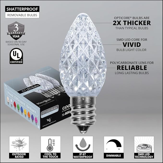 C7 Opticore Cool White Commercial Christmas Lights Outdoor Holiday Party Patio Bulbs on Heavy Duty Green Wire (100 Lights, 100 ft)