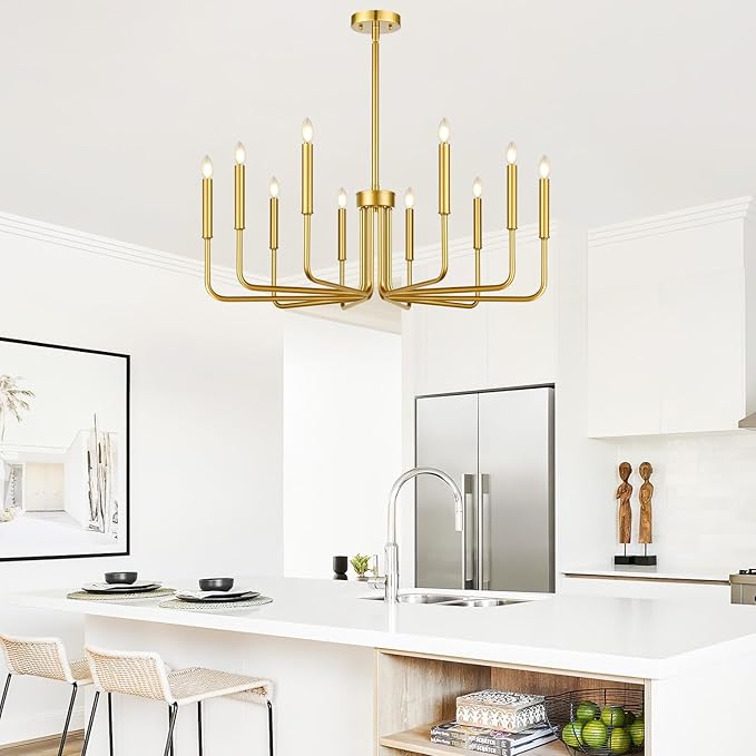 Lynnoland Gold 10-Light Farmhouse Chandelier for Dining Room Lighting Fixtures Hanging, Vintage Candle Pendant Light Fixtures Chandelier for Bedroom, Foyer and Living Room