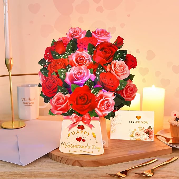 Pop Up Valentine’s Day Card with Light & Music, 12 Inch Paper 3D Rose Bouquet Greeting Card with Envelop, Happy Valentines Day Cards for Wife, Popup Valentines Day Card Gifts for Her Women Girlfriend