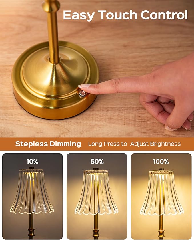 JACKYLED Vintage Cordless Table Lamp, Acrylic Crystal Flower Lamp Shade, 3 Colors Dimmable LED Golden Lamp, 5400mAh Battery Operated Rechargeable Lamp for Kitchen Counter Home Decor