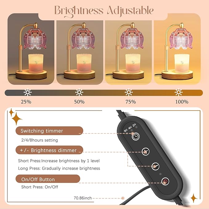 Adjustable Flower Candle Warmer Lamp with Timer, Lotus Tulip Glass Warmer Light for Jar Candles, Electric Wax Warming Melter, Gifts for Women Mom, Vintage Bedroom Decor (Pink)