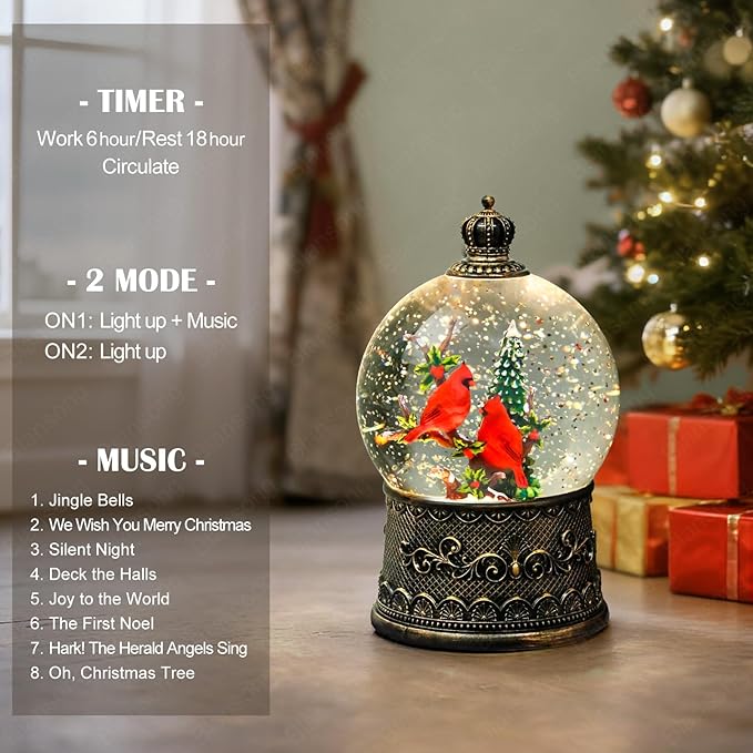 Cardinal Snow Globes Christmas Decorations Auto Snowfall Glitter Music Collection Tree with 6H Timer USB/Battery Powered 105mm Globe